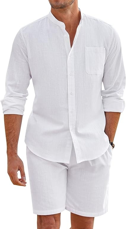 COOFANDY Linen Sets For Men 2 Piece Button Down Shirt Long Sleeve And Casual Beach Drawstring Waist Shorts Summer Outfits