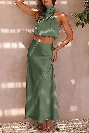 PRETTYGARDEN Women's 2 Piece Satin Outfits Summer Sleeveless Mock Neck Crop Tops And Long Skirt Dress Sets