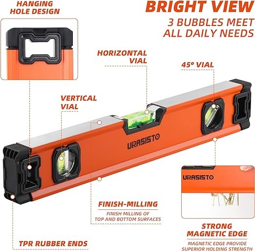 URASISTO 16 Inch Torpedo Level, Magnetic Level Tool with 45°/90°/180° Bubbles, Aluminum Alloy Construction, Shock Resistant Bubble Level Tool(400mm)