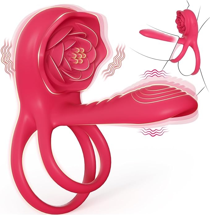 Vibrating Cock Ring Penis Sleeve with Rose Clitoral Stimulator, Penis Ring Vibrator Couples Adult Sex Toys for Men Women, Male Female Couple Sex Toy with G Spot Clitoris Vibrator, Vibrators for Men