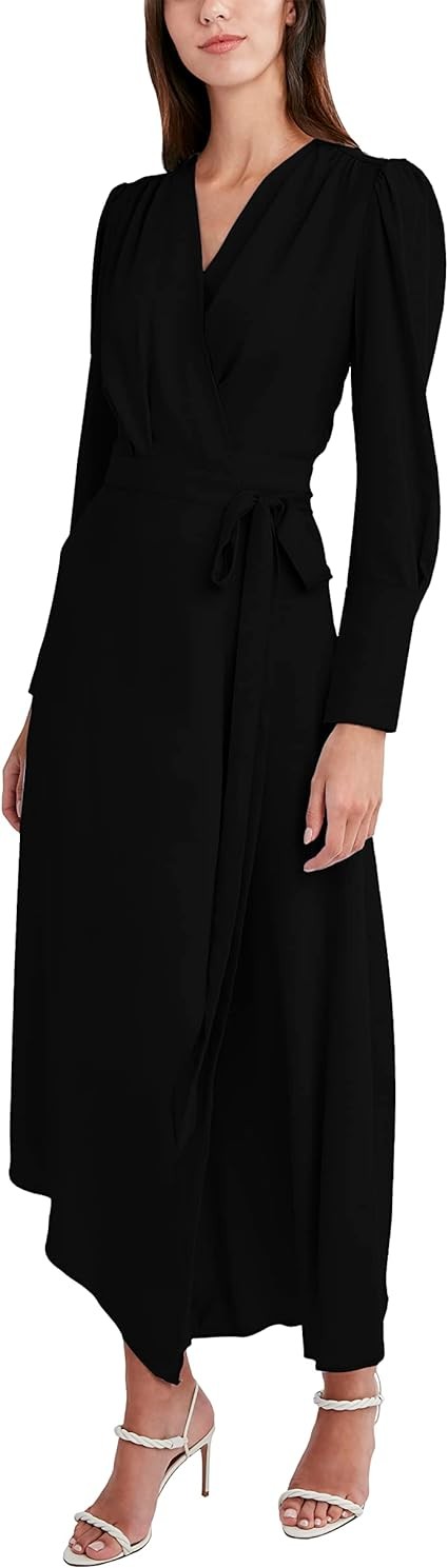 BCBGMAXAZRIA Women's Fit and Flare Long Sleeve Asymmetrical Surplice Wrap Midi Dress with Tie Belt