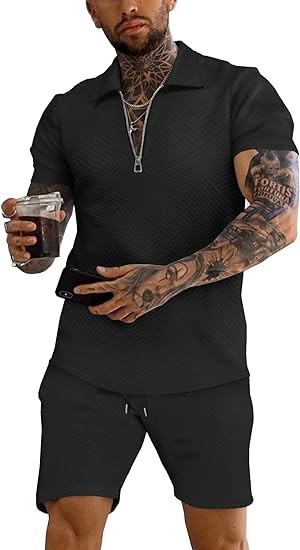 URRU Men's Polo Shirt and Shorts Set Summer Outfits Fashion Casual Short Sleeve Polo Suit for Men 2 Piece Shorts Sweatsuits