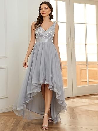 Ever-Pretty Women's Double V-Neck A-Line Sequin Sleeveless High Low Tulle Evening Party Gowns 0147A