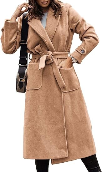 Yousify Womens Coat Notched Lapel Pea Coat Long Sleeve Peacoat Casual Fall Winter Long Overcoat with Belt