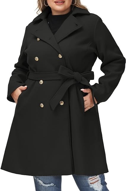Hanna Nikole Women's Plus Size Wool Dress Coat with Belt Double Breasted Pea Coats Mid-Long Trench Coat