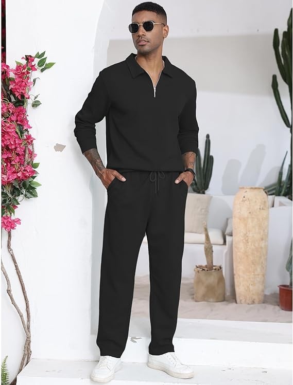 Men's 2 Piece Tracksuit Set-Casual Long Sleeve Sweatsuit Quarter Zip Polo Print Shirt Athletic Jogging Outfits for Men