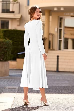 PRETTYGARDEN Women's 2023 Fall Midi Dress Puff Long Sleeve Wrap V Neck A Line Flowy Casual Elegant Cocktail Party Dresses