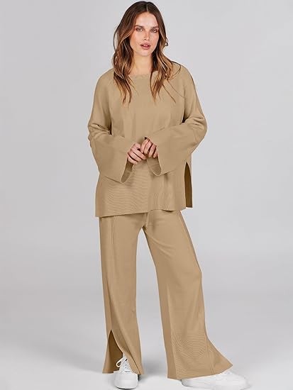 ANRABESS Women 2 Piece Outfits Sweatsuit Oversized Knit Pullover and Drawstring Wide Leg Pants Sweater Sets
