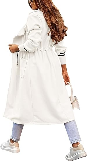 Fazortev Women Coat Pocket Casual Drawstring Waist Open Front Classic Lapel Overcoat