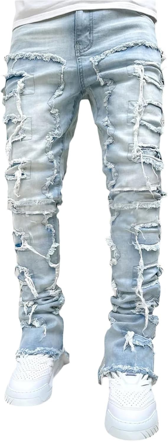 Kodaruber Mens Stacked Jeans Slim Fit Ripped Skinny Stretch Jeans Distressed Straight Denim Pants Hip Hop Trousers Streetwear