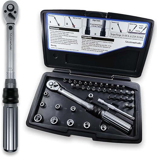 Steinwhale 20-200 Inch Pound Torque Wrench Kit (2.26-22.6 Nm) for Carbon Bikes Maintenance, 72-Tooth Gear Ratchet, 43in1 Set with 30pcs S2 Steel Bits and 9pcs CrV Sockets
