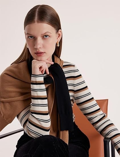 GOELIA Machine Washable Wool Striped Sweater for Women Long Sleeve Crewneck Pullover Knit Fall Sweater for Women 2023 Trendy