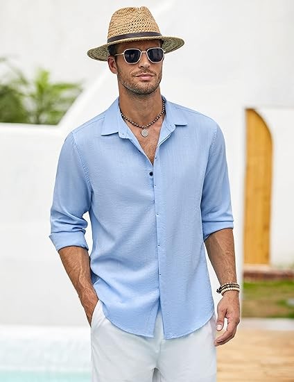 COOFANDY Men's Linen Shirt Long Sleeve Beach Button Up Shirt Casual Shirt for Men Summer Wedding Shirt