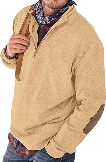 Angbater Men’s Polo Shirts Lapel Collar Zipper Up Pullover Mock Neck Long Sleeve Golf Polo Sweatshirts with Elbow Patches