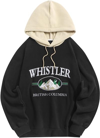 ZAFUL Men's Hooded Sweatshirt, Letter Mountain Graphic Embroidery Plush Fleece Casual Drawstring Pullover Hoodie