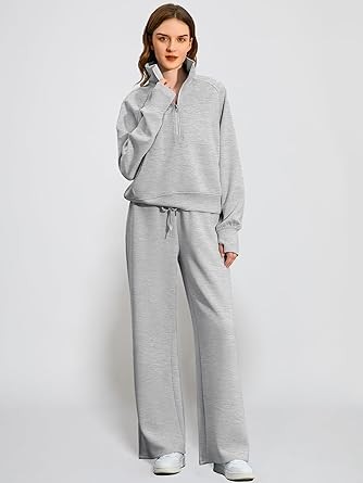 Casly Lamiit Women's 2 Piece Outfits Lounge Set 2023 Oversized Half Zip Sweatshirt Wide Leg Sweatpant Set Sweatsuit Tracksuit