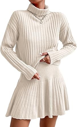 Verdusa Women's 2 Piece Knitted Outfit Turtleneck Long Sleeve Sweater and A Line Skirt