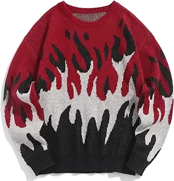 ZAFUL Mens Crewneck Oversized Sweaters Y2K Aesthetic Flame Graphic Knitted Sweater Casual Pullover Long Sleeve Jumpers