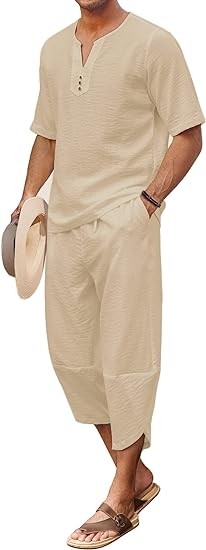 COOFANDY Men's 2 Pieces Linen Set Henley Shirt Short Sleeve and Harem Capri Pants Wide Leg Baggy Beach Yoga Trousers Outfits