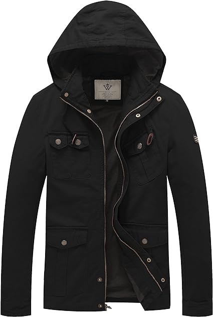 WenVen Men's Casual Canvas Cotton Jacket Hooded Military Utility Jacket