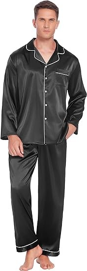 Ekouaer Couples Matching Pajamas Silk Long Sleeve Sleepwear Satin Soft Button Down Loungewear Pjs Set S-XXL