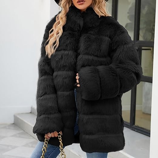 BADHUB Faux Furry Coat for Women 2023 Fahion Open Front Outerwear Warm Elegant Long Sleeve Winter Fleece Jacket