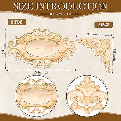10 Pcs Wood Appliques Decorative Wood Appliques Onlays for Furniture Door Center Onlays Appliques DIY Wood Carved Decal for Bed Door Wardrobe Furniture Decoration 10.24 x 5.9 Inch, 3.15 x 3.15 Inch