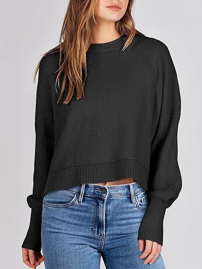 ANRABESS Women Crewneck Cropped Sweater Batwing Sleeve 2023 Trendy Oversized Side Slit Ribbed Knit Pullover Sweater Top