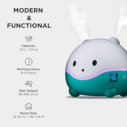 LittleHippo WISPI 3-in-1 Humidifier, Diffuser & Night Light for Baby/Kids - 3 Mist Strength, 7 LED Color Changing Lights, Essential Oil Tray for Aromatherapy - Cute Humidifiers for Bedroom/Nursery