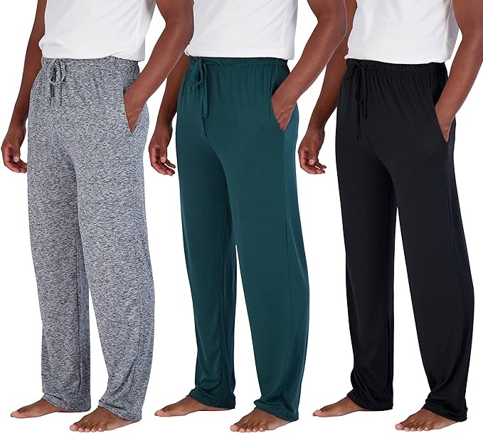 Real Essentials 3 Pack: Men's Soft Pajama Lounge Pants with Drawstring & Pockets - 4-Way Stretch & Wicking-Big & Tall (S-5XL)