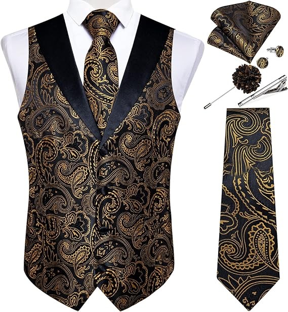 DiBanGu Mens Paisley Suit Vest Silk Jacquard Waistcoat and Necktie Set Shawl Collar Dress Vest 7PCS for Tuxedo Wedding Party