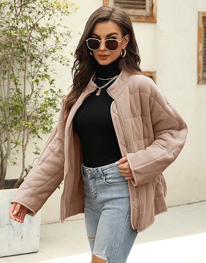 Womens Dolman Lightweight Quilted Jackets Zip Up Long Sleeve Stand Neck Warm Winter Outwears