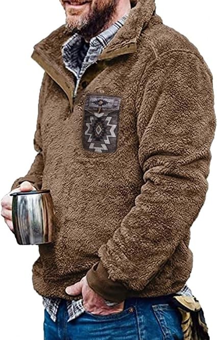 Mens Aztec Fleece Jackets Fuzzy Sherpa Sweatshirts Button Down Pullover Coats Western Vintage Sweaters with Pocket