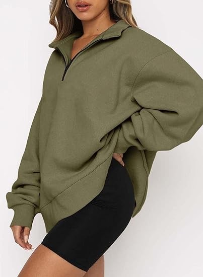 BLENCOT Women Half Zip Oversized Sweatshirts Long Sleeve Solid Color Drop Shoulder Fleece Workout Pullover S-2XL