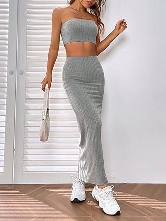 Verdusa Women's Summer Two Piece Outfits Strapless Crop Top and Side Split Draped Midi Hem Skirt Set