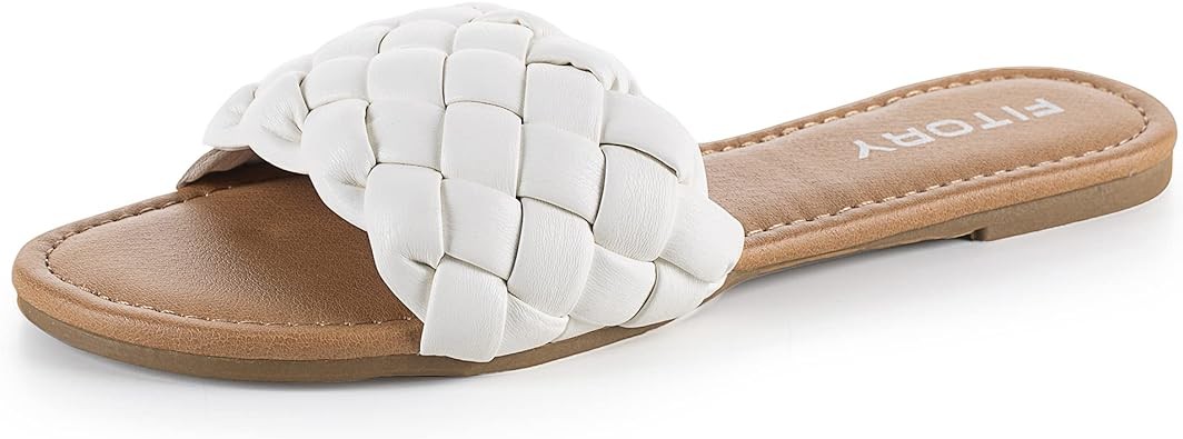FITORY Womens Flat Sandals Fashion Round Open Toe Slip On Slides with Braided Strap Slippers for Summer Size 6-11