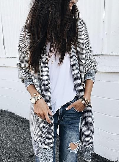 Sidefeel Womens Plaid Long Sleeve Open Front Cardigan Oversized Chunky Knit Sweaters Coat