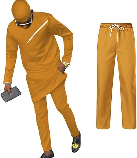 UOUNUT African Shirts and Pant Sets with Hats Long Sleeve African Mens Clothing Three Piece Set Dashiki Outfits Slim Fits