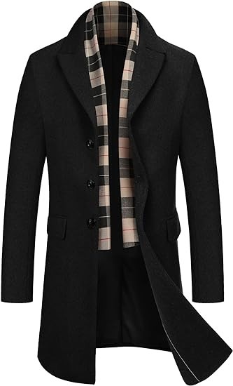 COOFANDY Men's Wool Blend Coat with Detachable Plaid Scarfs Notched Collar Single Breasted Pea Coat Trench Overcoat