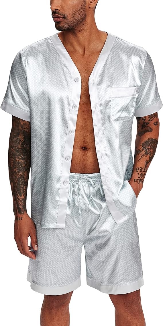 Ekouaer Silk Pajamas for Men Satin Pajama Shorts 2 Piece Button Down Pj Set V Neck Sleepwear Loungewear with Pockets S-XXL