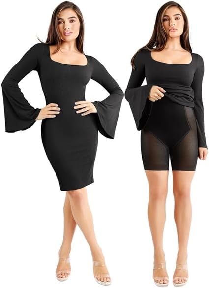 Popilush Shaper Fall Dress for Womens - Bell Long Sleeve Square Neck Mini Dress Built in Shapewear Bra Elegant Cocktail Dress