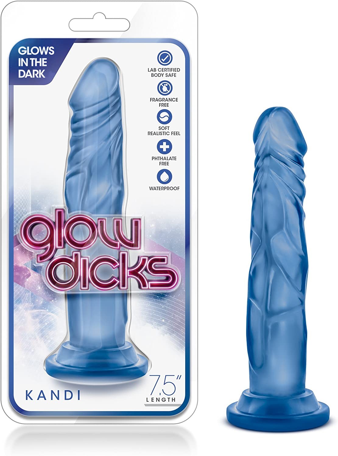 Blush Kandi - 7.5" Realistic Big Soft Dildo Glow in The Dark - Flexible Slim 1.5" Thick - Strap on Compatible Suction Cup Hands Free Play - Fragnance Free - Adult Sex Toys for Couples - Blue