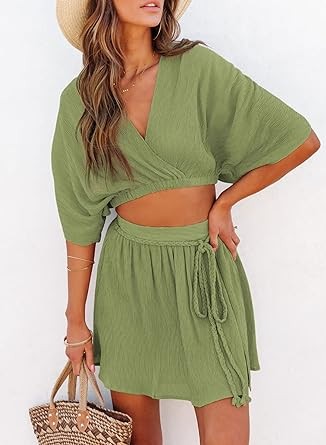 Dokotoo Skirt Sets Women 2 Piece Outfits V Neck Bat Sleeve Crop Top Side Split Skirt Matching Sets for Women Summer