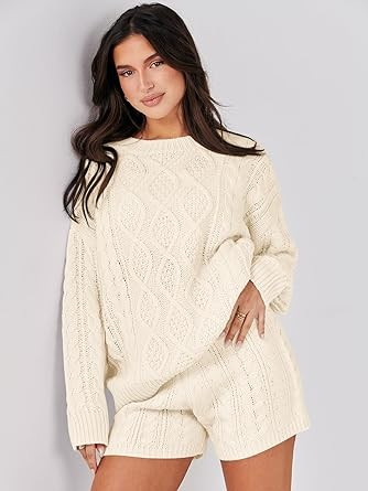 Caracilia Women's 2 Piece Outfits Long Sleeve Chunky Warm Cable Knit Oversized Sweaters 2023 Winter Lounge Sets