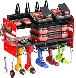 QBA Power Tool Organizer with Charging Station, Cordless Power Drill Holder Wall Mount Heavy Duty Storage Rack Holds 5 Drills Floating Tool Shelf for Home Garage Workshop, Red