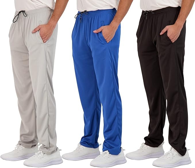 Real Essentials 3 Pack: Men's Mesh Athletic Gym Workout Lounge Open Bottom Sweatpants with Pockets (Available in Big & Tall)