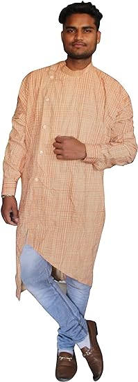 Lakkar Haveli Men's Cotton Kurta Wedding Wear Trail Cut Shirt Check Print Tunic Beige Color Plus Size