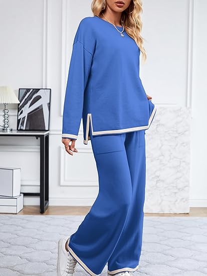SuperPrity Women Sweater Set 2 or 3 Piece Outfits Short/Long Sleeve Knit Pullover Tops High Waist Wide Leg Pants Lounge Sets