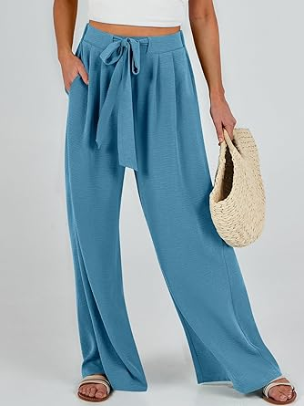 Caracilia Womens Wide Leg Palazzo Pants High Waisted Adjustable Tie Knot Flowy Trousers Casual Loose Lounge Pant with Pockets