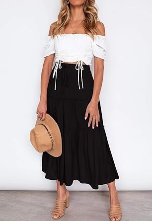 HAEOF Women's Boho Elastic High Waist A Line Ruffle Swing Beach Maxi Skirt with Pockets